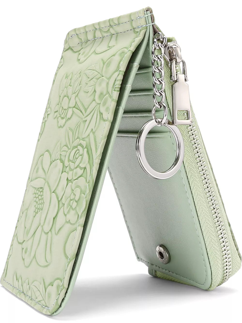 Sage floral embossed mini wallet with zipper and keychain detail.