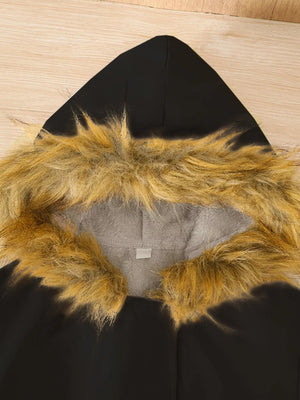 Black hooded coat with faux fur trim and grey lining detail