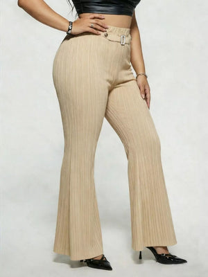 Ribbed high-waist flare maternity pants in caramel with a buckle detail.