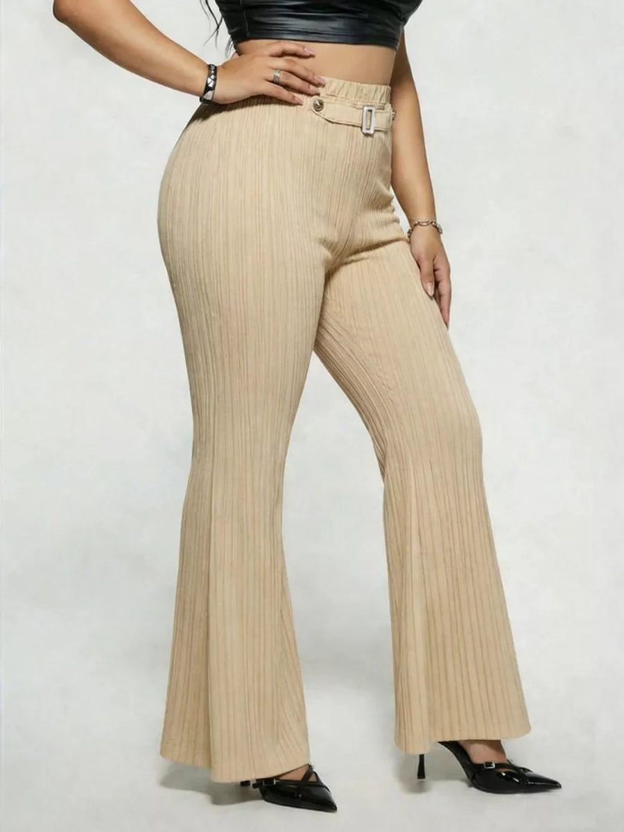 Ribbed high-waist flare maternity pants in caramel with a buckle detail.