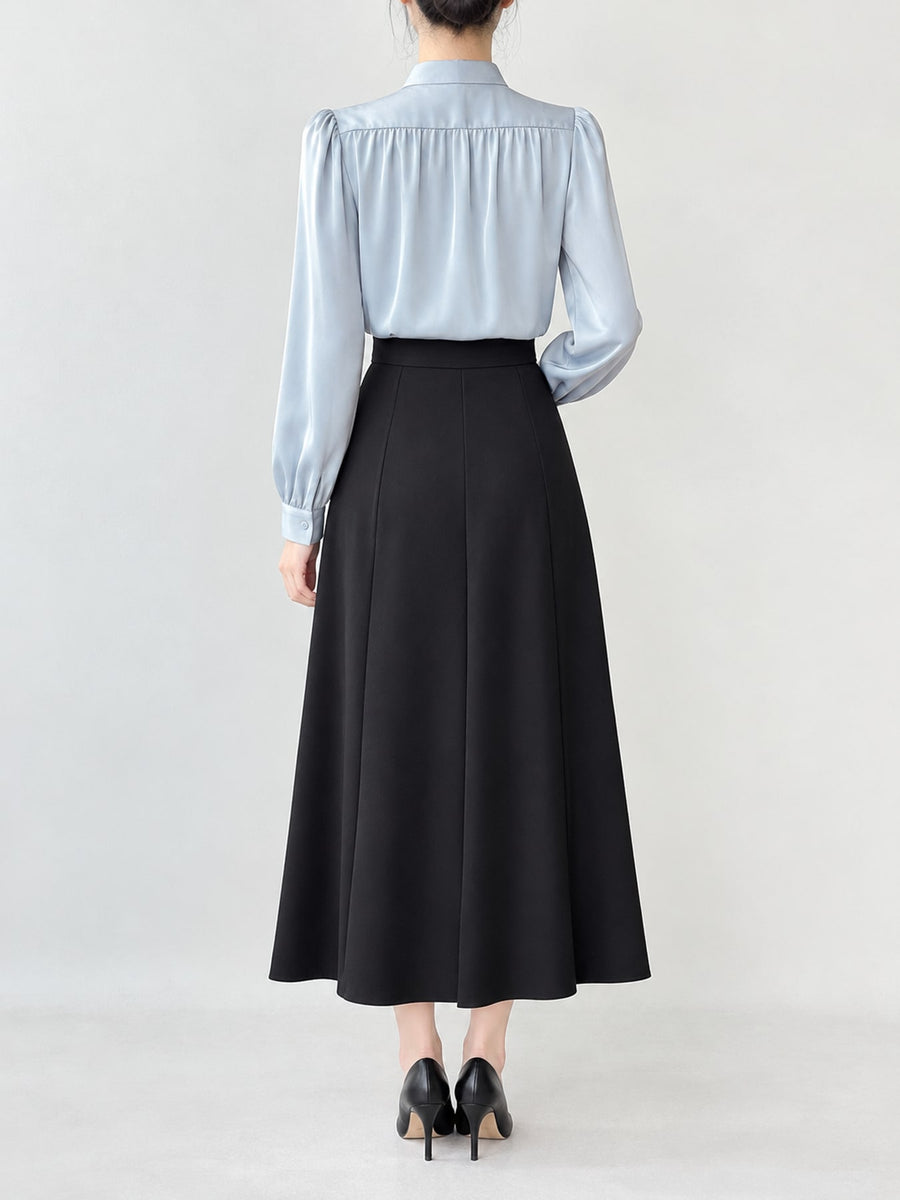 Dusty Blue-Long Sleeve relaxed blouse with collared
