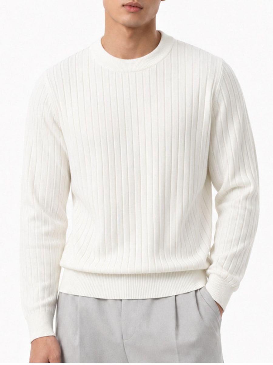 cream crewneck sweater with ribbed and crew neck