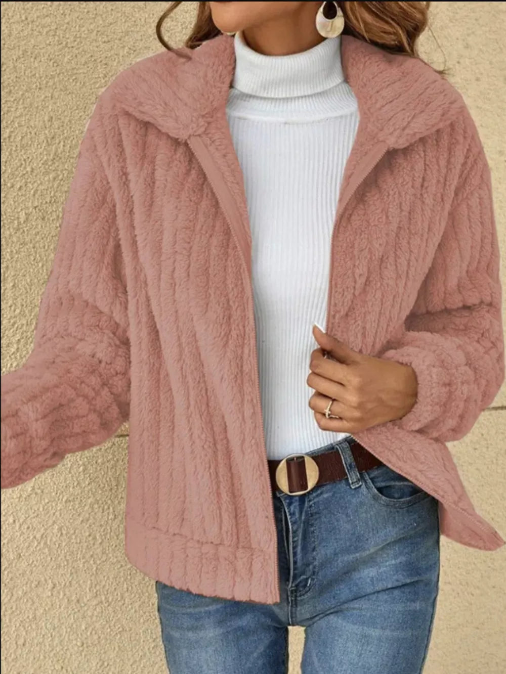beige faux fur coat with collared and long sleeve