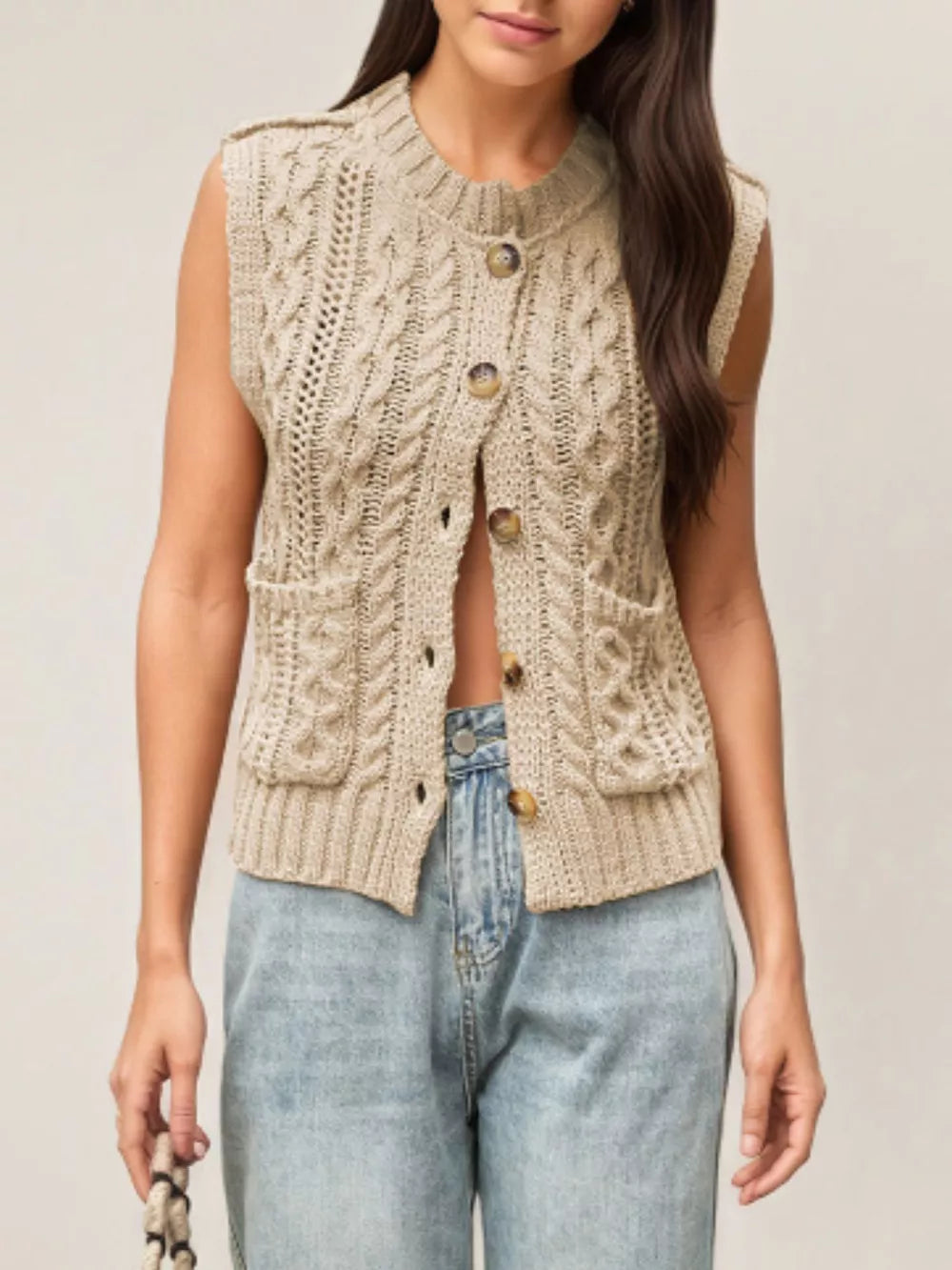 khaki sweater vest with cable knit and crew neck