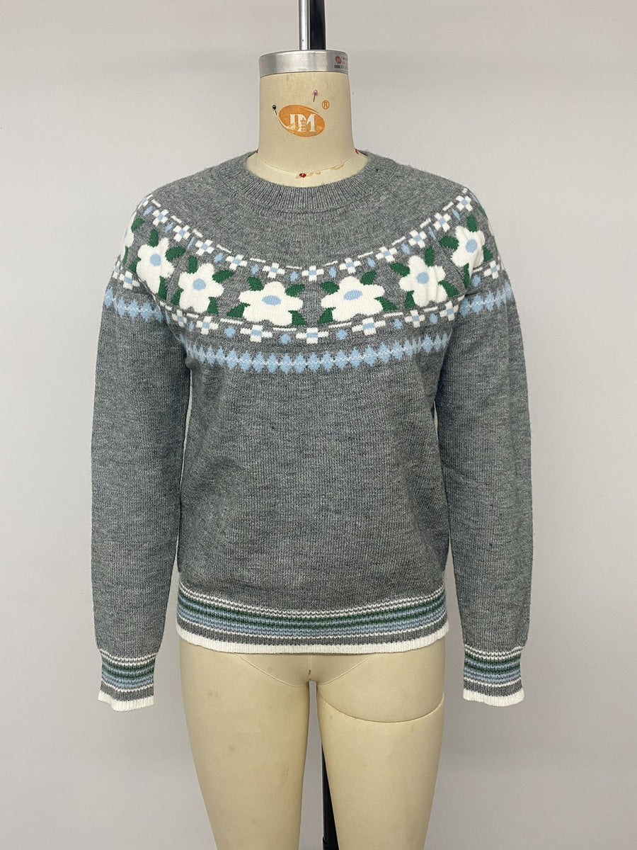 Floral Pattern Round Neck Sweater in Gray with stretch