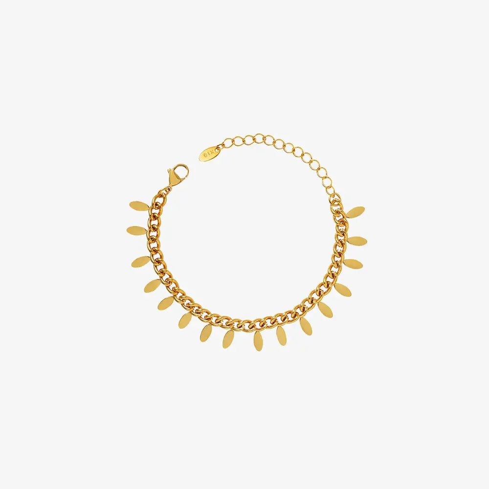 Gold oval link bracelet with dangling leaf charms, 18K gold-plated.