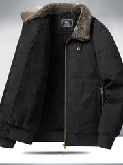Black sherpa lined bomber jacket with plush collar and zip front.