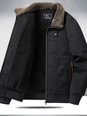 Black sherpa lined bomber jacket with plush collar and zip front.