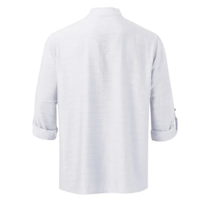 White linen-blend half-button shirt with rolled sleeves.