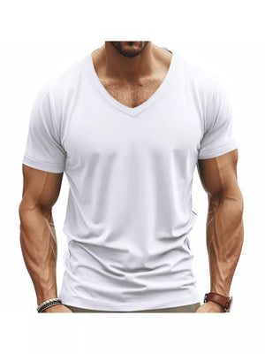 Men's white slim fit V-neck t-shirt, short sleeves, casual activewear