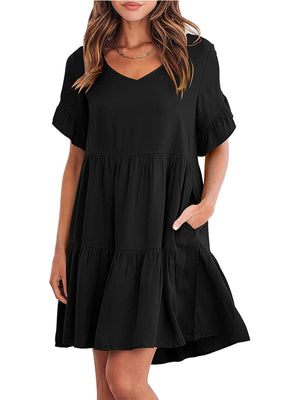 Black ruffled sleeve mini dress with pockets and tiered skirt