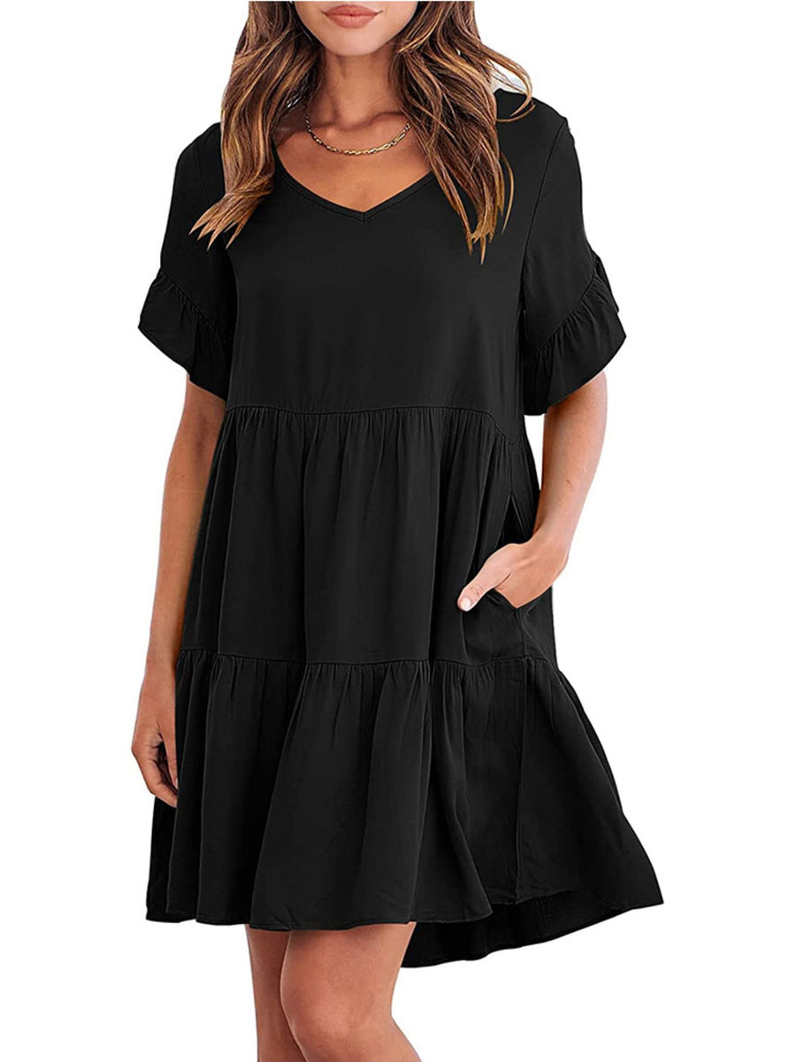 Black ruffled sleeve mini dress with pockets and tiered skirt
