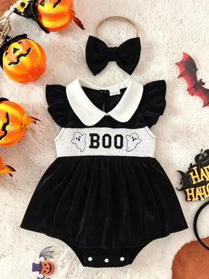 black bodysuit with graphic print and peter pan collar