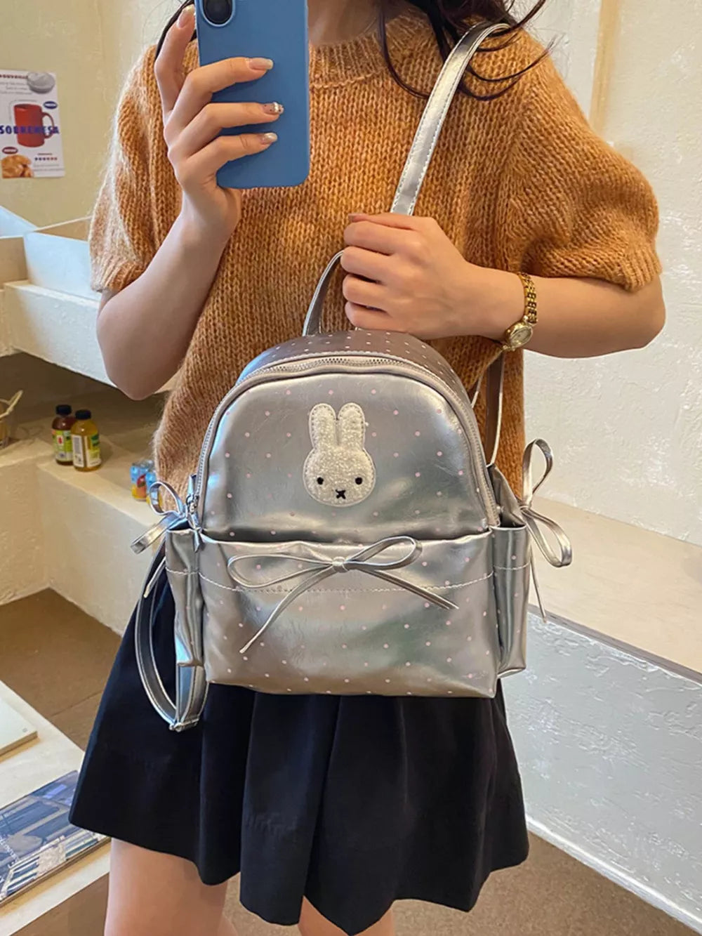 PU Leather Imported Size &amp backpack in silver with boxy silhouette