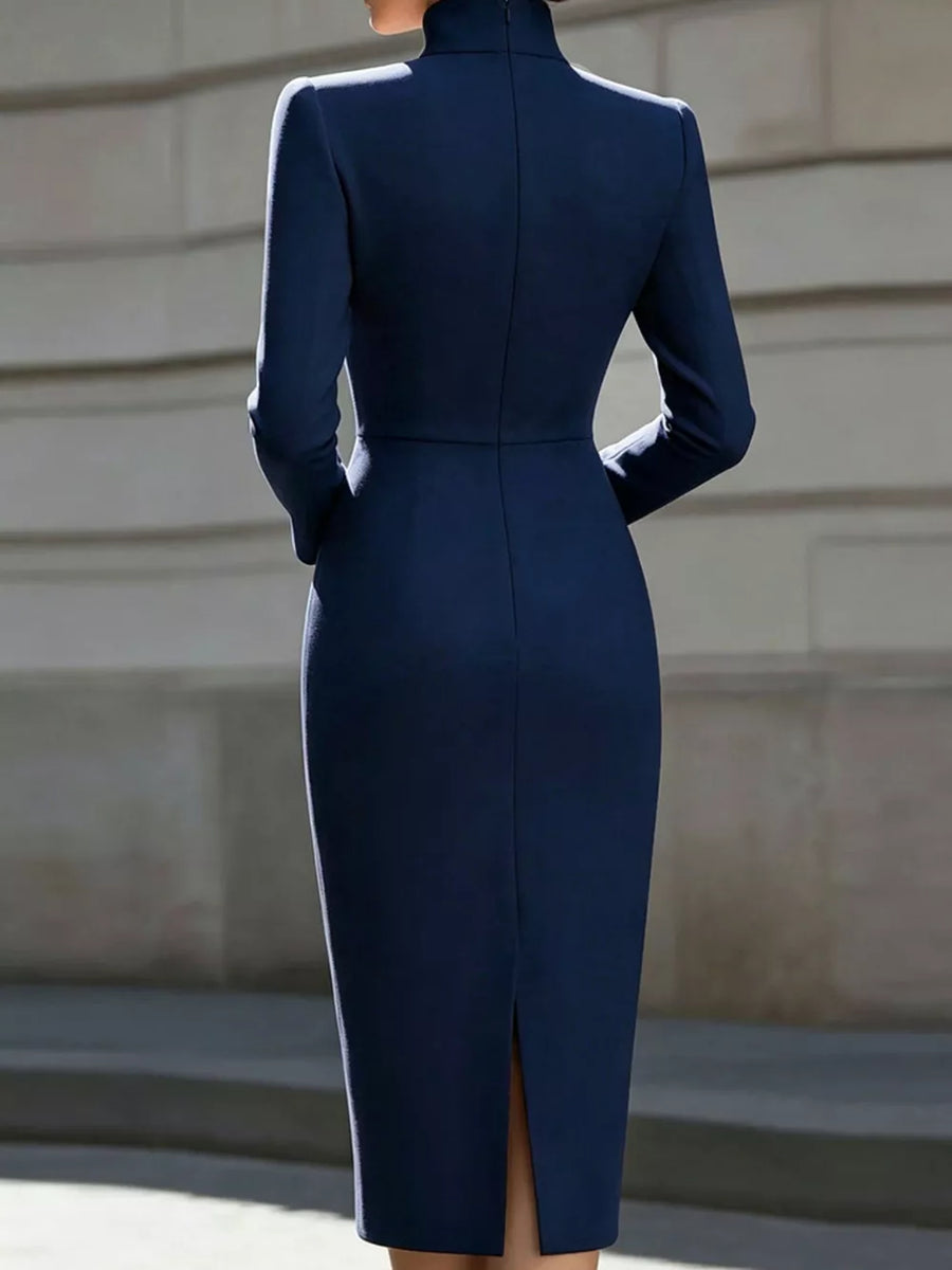 High Neck Long Sleeve Slit Dress in Burgundy