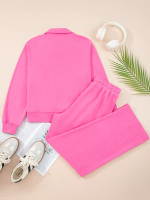 Hot pink collared pullover sweatshirt and wide-leg pants set with elastic waistband