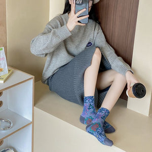 Floral Jacquard Crew Socks in gold with jacquard knit