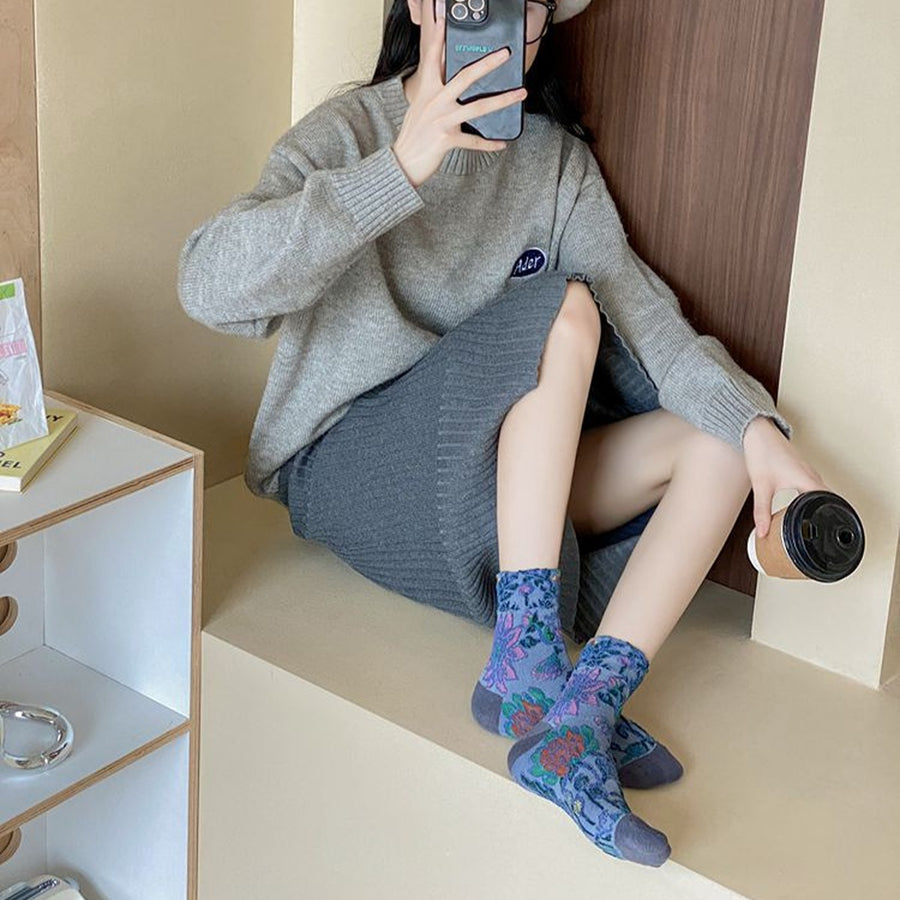 Floral Jacquard Crew Socks in gold with jacquard knit