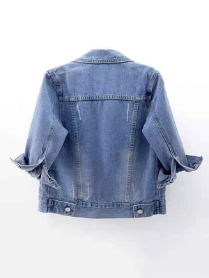 medium wash denim blue denim jacket with seam detail and 3/4 sleeve