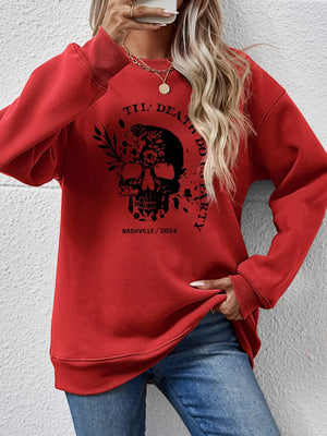 Deep Red floral skull graphic raglan sweatshirt with "Til Death Do Us Party" text.