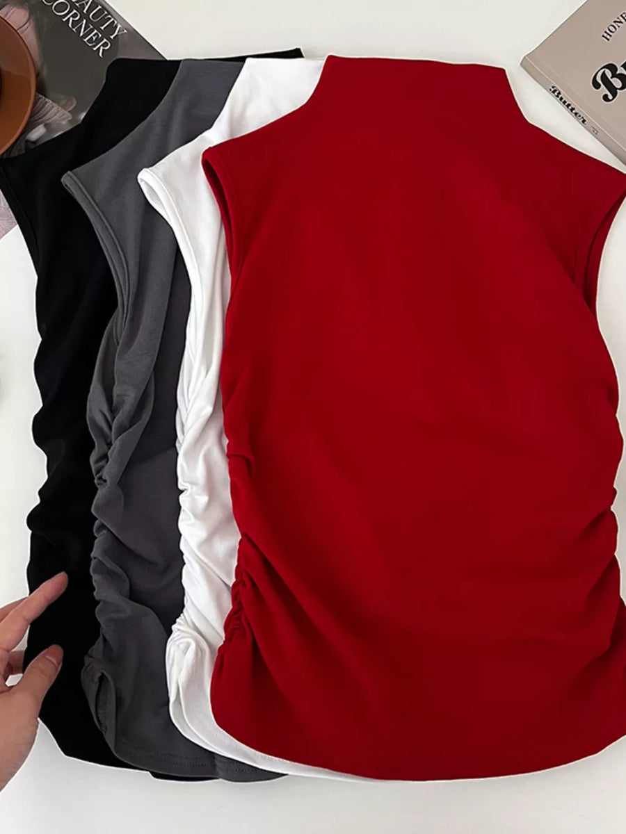 Textured ruching mock neck tank top in wine red, white, dark gray, and black.