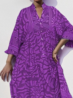 Vibrant abstract print midi dress in Electric Purple with button front and flared sleeves.