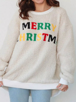 Beige sherpa sweatshirt with colorful "Merry Christmas" embroidery and crew neck.