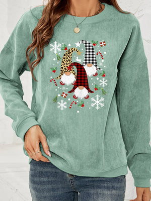 Light Green corduroy sweatshirt with gnome graphic and holiday details.