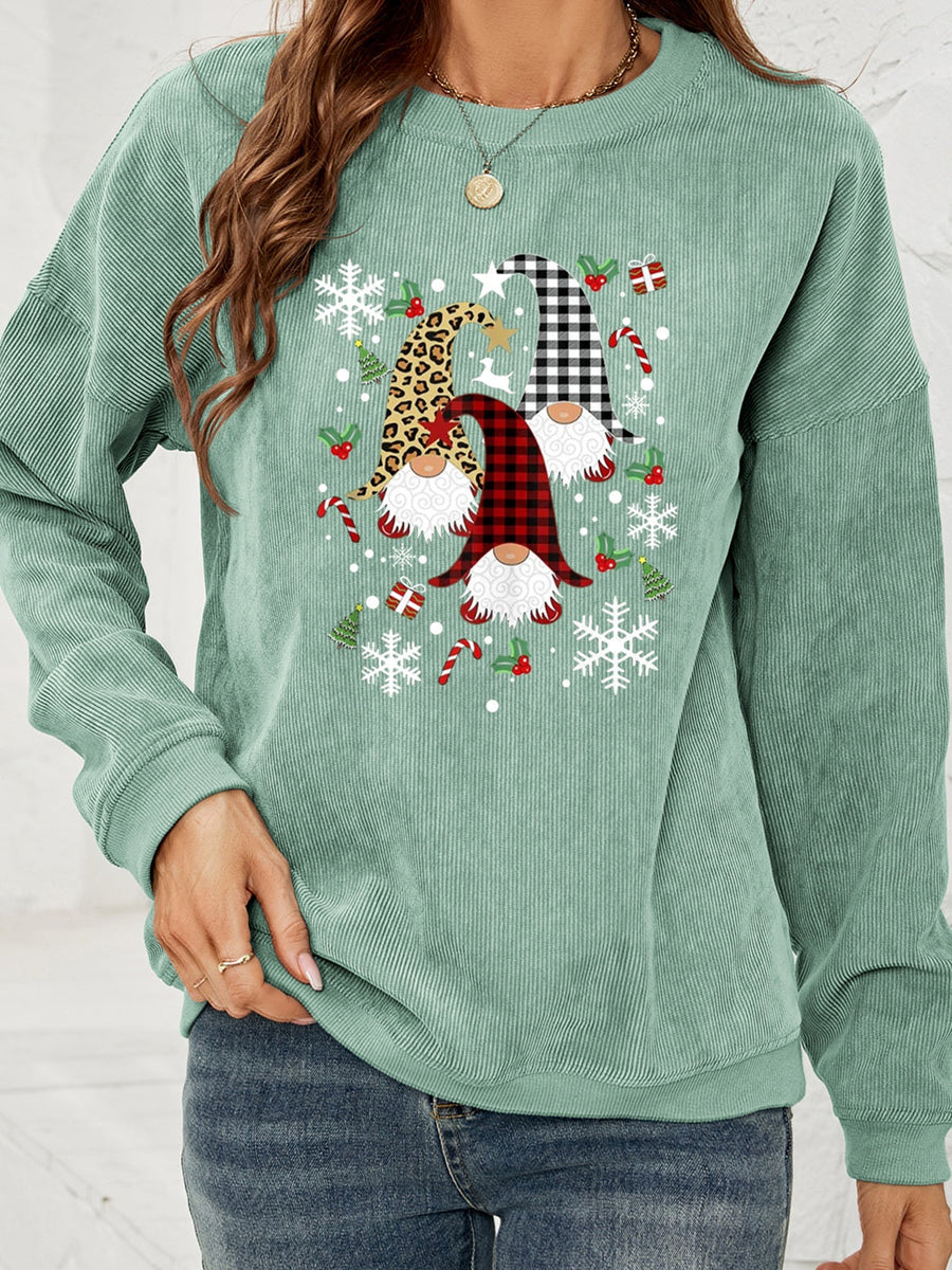 Light Green corduroy sweatshirt with gnome graphic and holiday details.