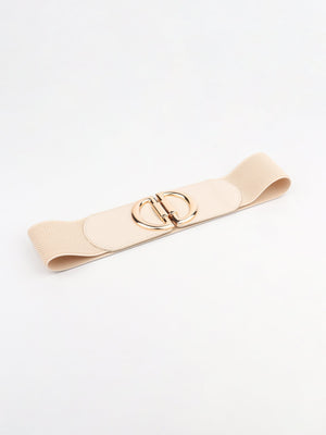 Cream elastic belt with double D gold buckle
