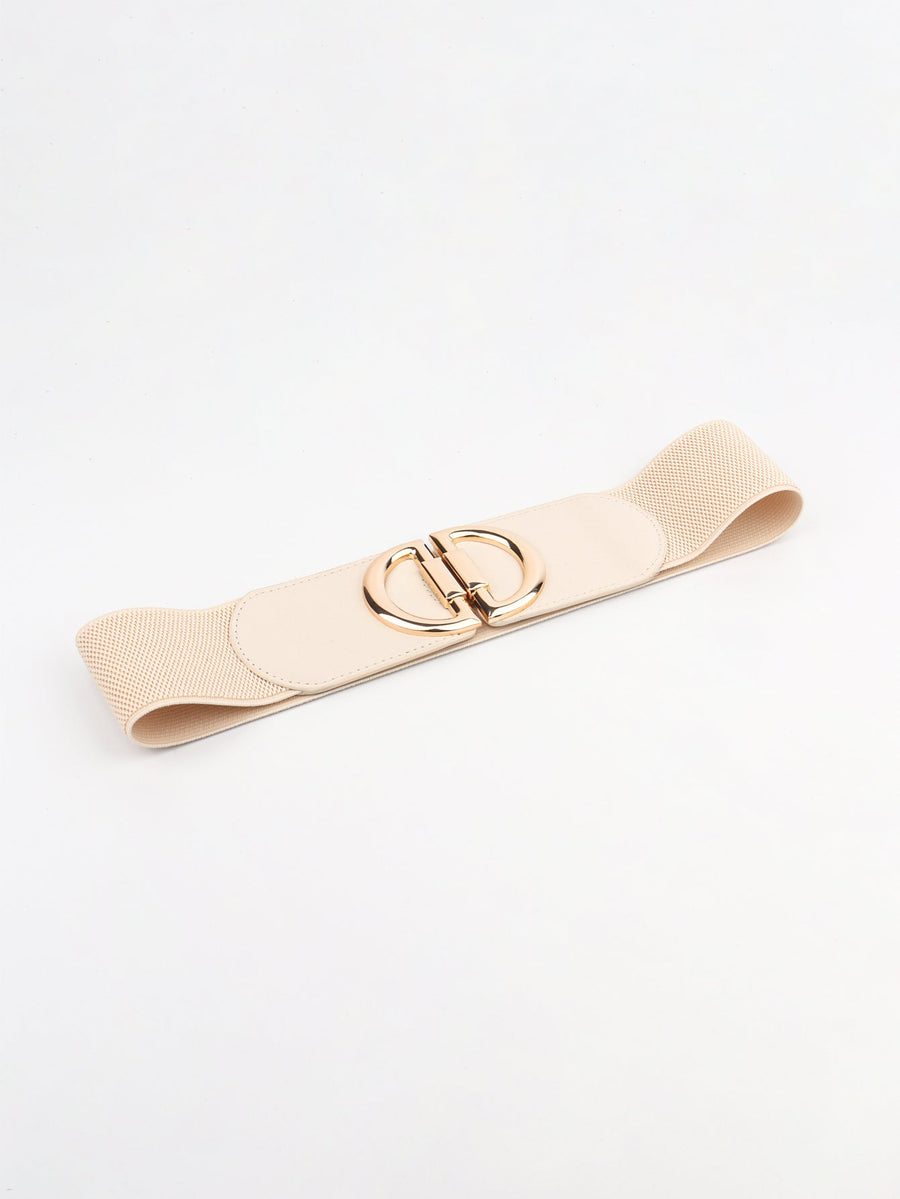 Cream elastic belt with double D gold buckle