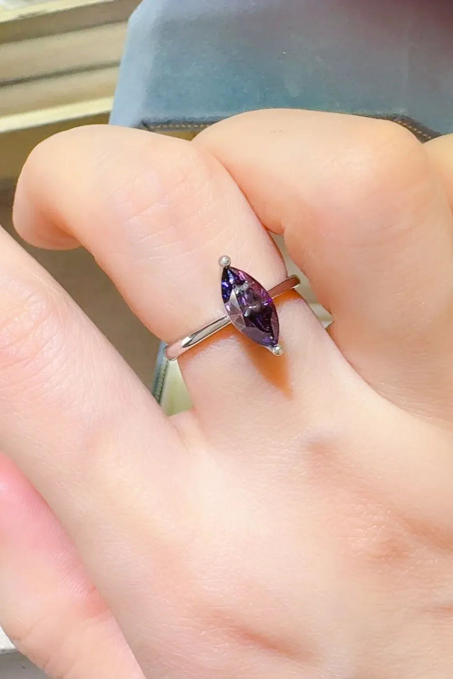 Marquise cut amethyst sterling silver ring with a violet stone.