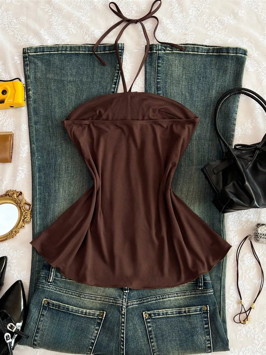 Rose Red with Embellished Front Halter Neck Cami