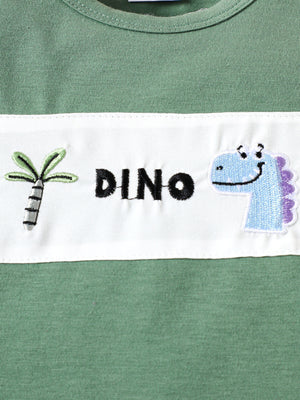 Green cotton tee with embroidered dinosaur and palm tree detail