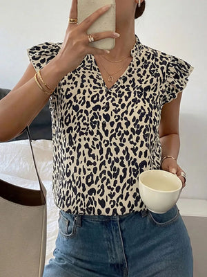 Leopard print v-neck ruffle sleeve top with button detail