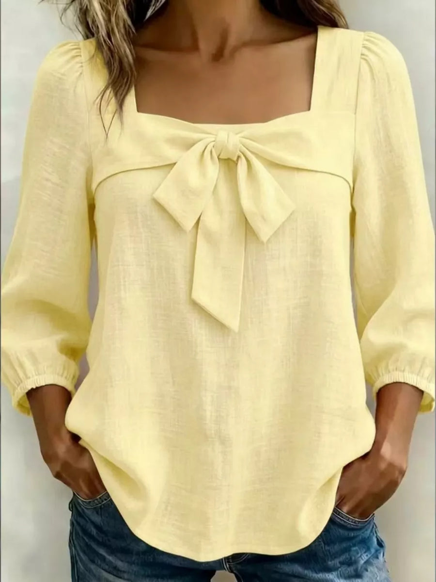 White Full Size Bow Front Square Neck Blouse Plus Size