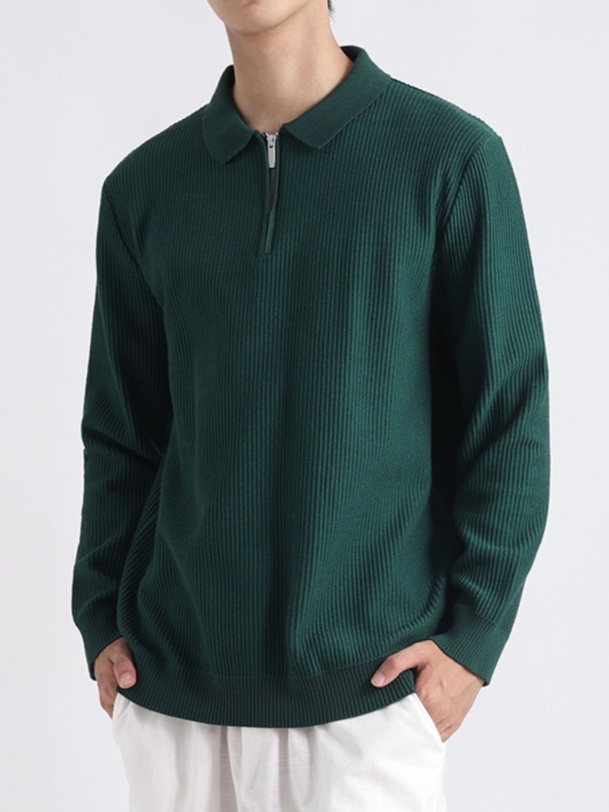pullover sweater in forest green featuring collared and regular fit