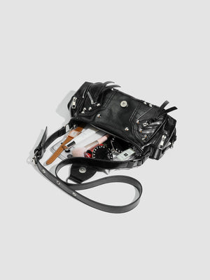 Black shoulder bag with zipper, buckle and crocodile-embossed