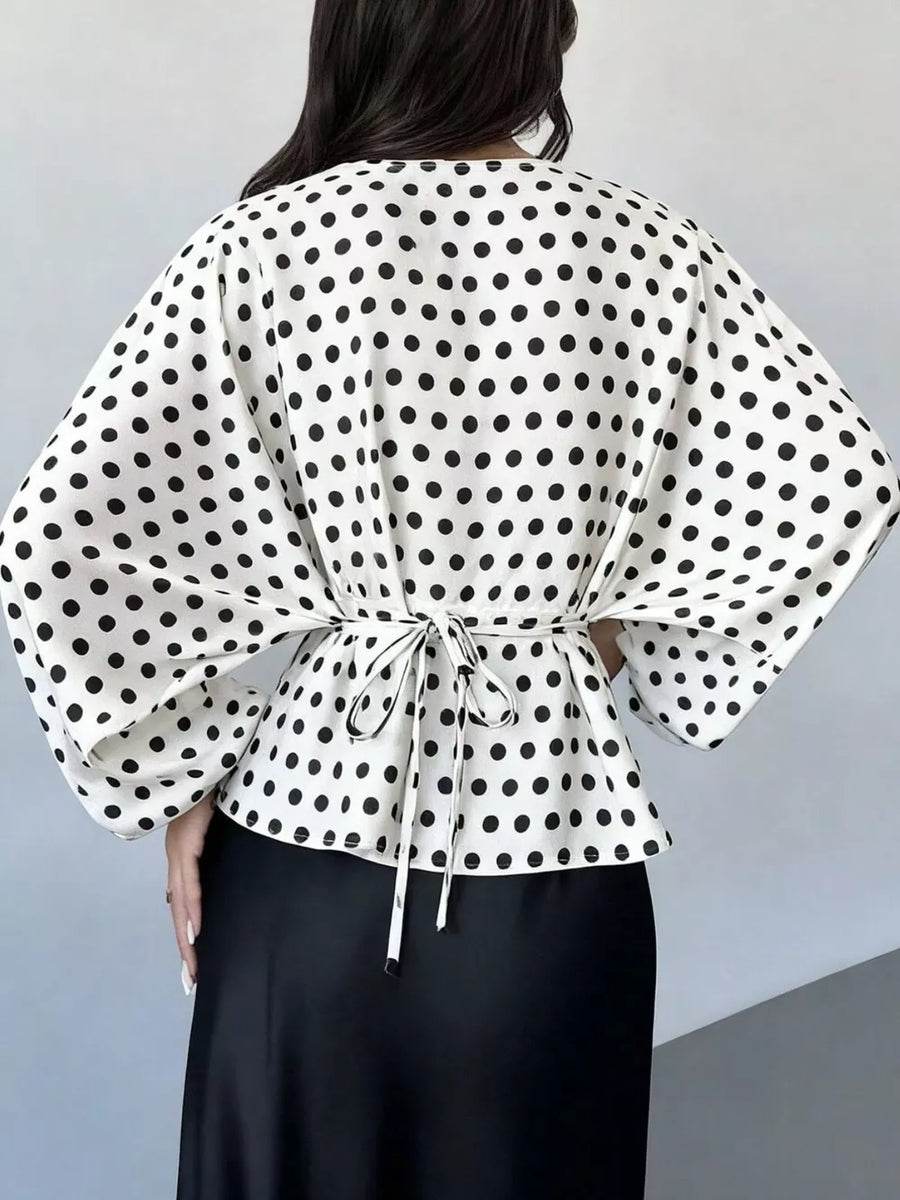 White Polka Dots blouse with elastic cuffs and bishop sleeve