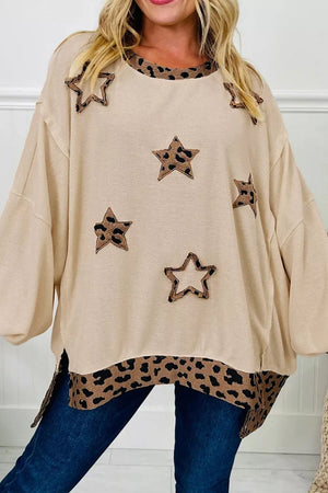 Khaki Contrast Leopard Star Patchwork Sweatshirt
