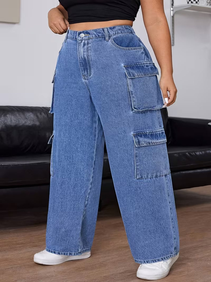 medium blue wide-leg jeans with full-length and button-front, zip-front
