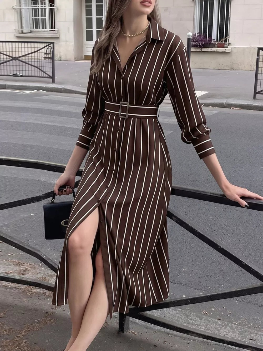 brown shirt dress with striped and collared