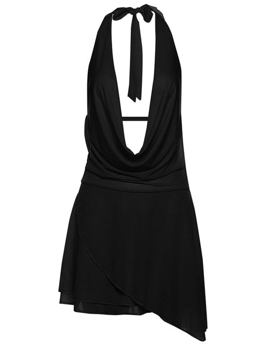 Black backless mini dress with cowl neck and tie halter.