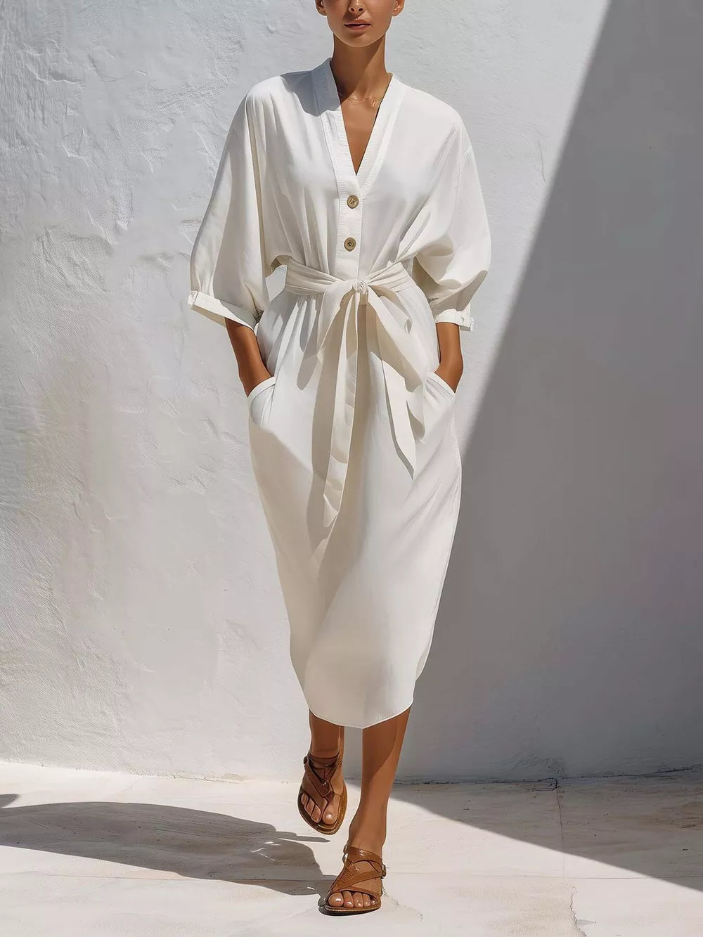 midi dress in ivory featuring buttoned and relaxed fit