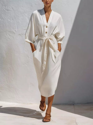 midi dress in ivory featuring buttoned and relaxed fit