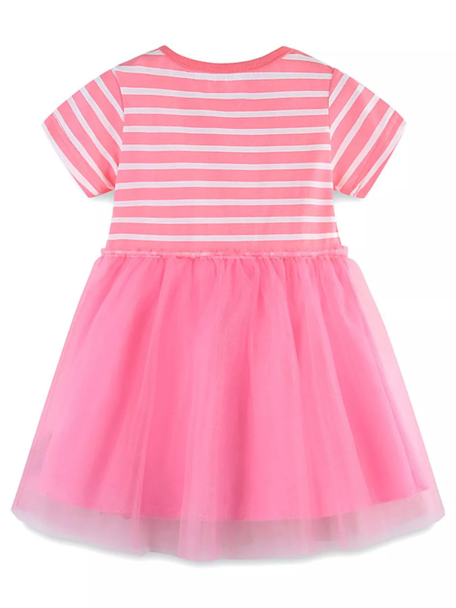 Pink and white striped cotton blend baby dress with a bright pink tulle skirt.
