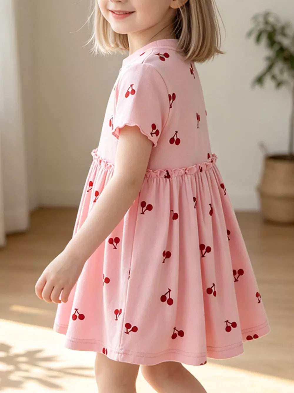 Children's pink cherry print short sleeve a-line dress with ruffled waist