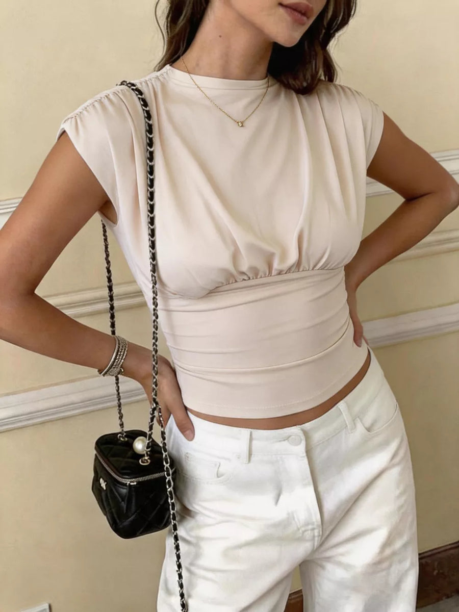 Apricot with Ruched Waist Cap Sleeve Top