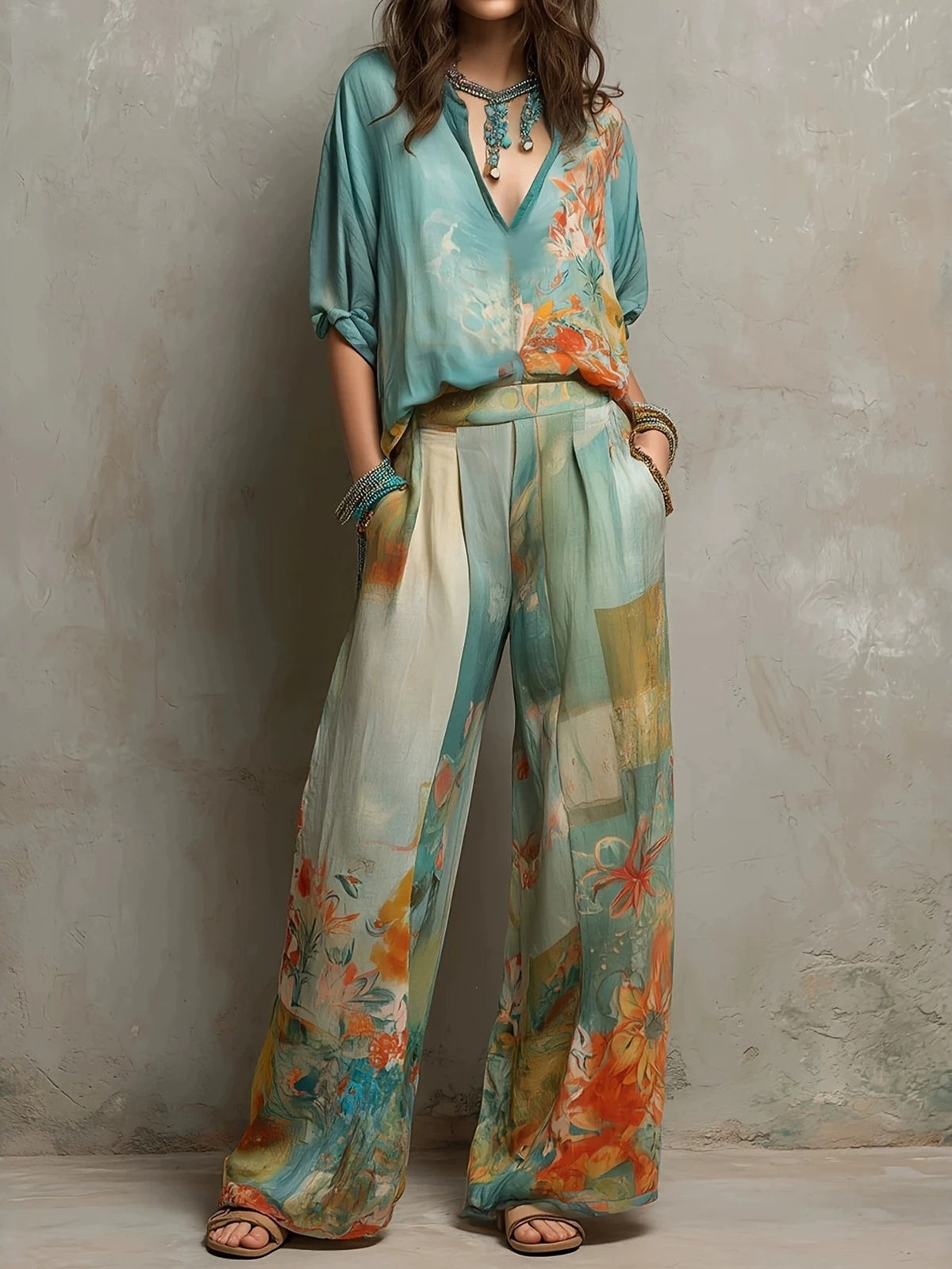teal blouse and wide-leg pants set with floral and v-neck