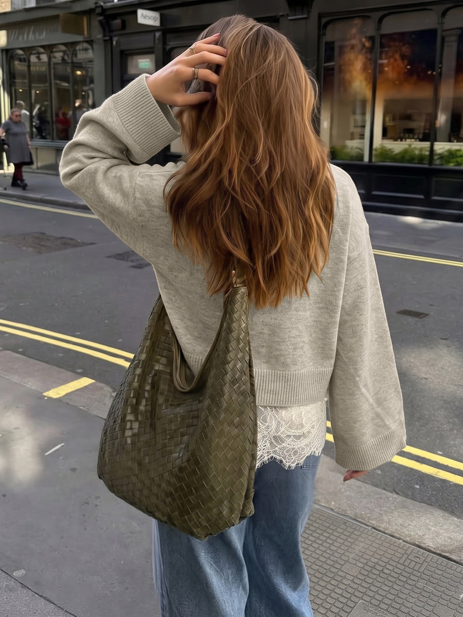 classic crewneck sweater in taupe with crew neck